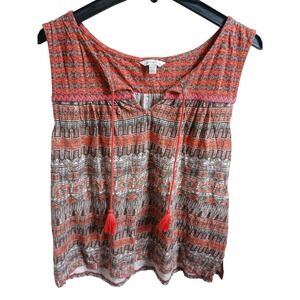 Lucky Brand Orange Geometric Print Sleeveless Tassel Tie Neck Top XL‎